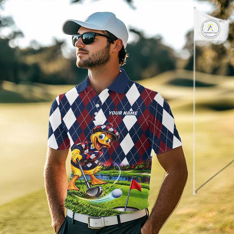 Custom Argyle Duck Men Golf Polo Shirt Funny Duck Golfer Maroon Navy Argyle Golf Jersey Golf Gift NYN4939