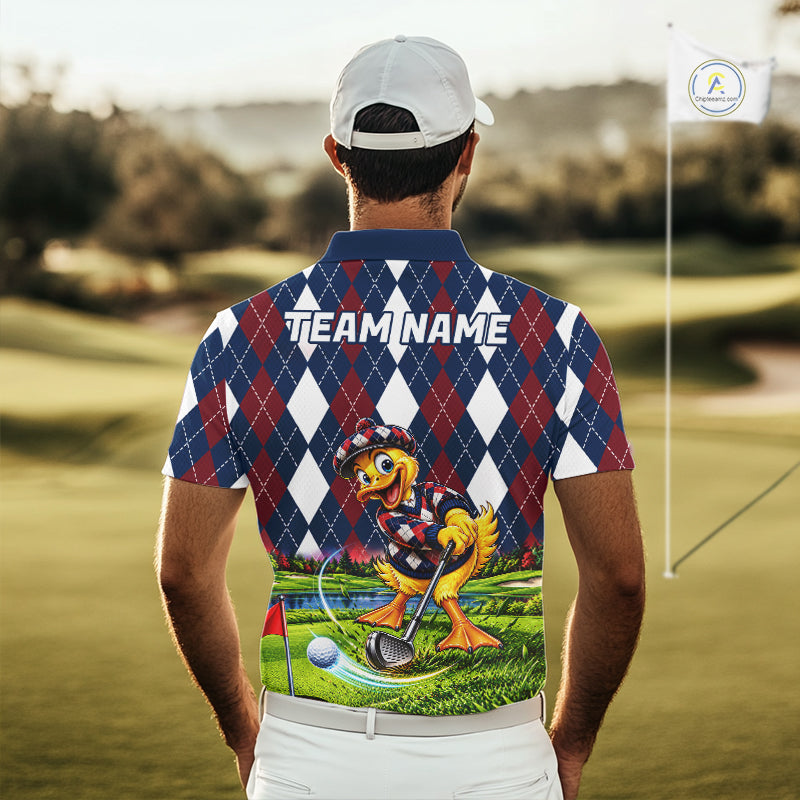 Custom Argyle Duck Men Golf Polo Shirt Funny Duck Golfer Maroon Navy Argyle Golf Jersey Golf Gift NYN4939