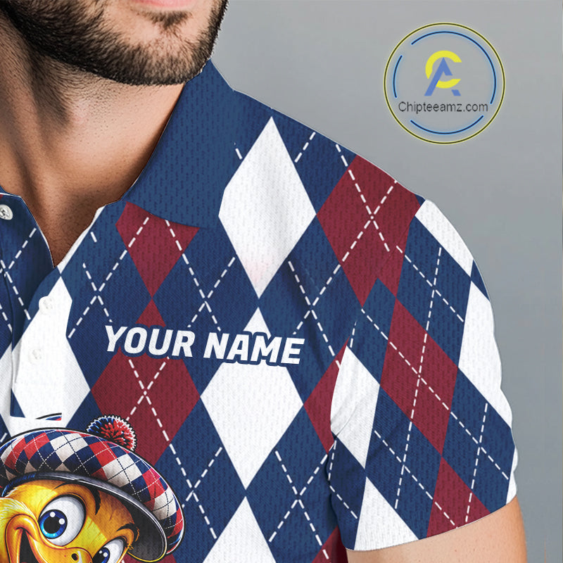 Custom Argyle Duck Men Golf Polo Shirt Funny Duck Golfer Maroon Navy Argyle Golf Jersey Golf Gift NYN4939