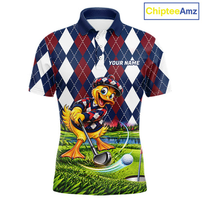 Custom Argyle Duck Men Golf Polo Shirt Funny Duck Golfer Maroon Navy Argyle Golf Jersey Golf Gift NYN4939