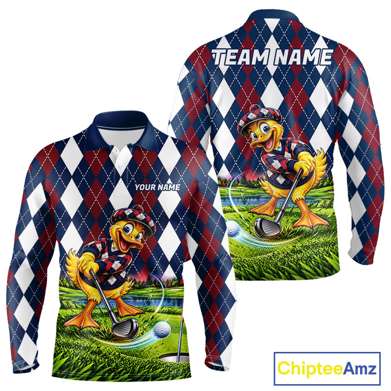 Custom Argyle Duck Men Golf Polo Shirt Funny Duck Golfer Maroon Navy Argyle Golf Jersey Golf Gift NYN4939