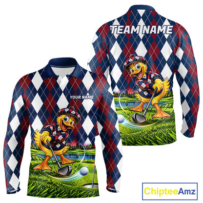 Custom Argyle Duck Men Golf Polo Shirt Funny Duck Golfer Maroon Navy Argyle Golf Jersey Golf Gift NYN4939