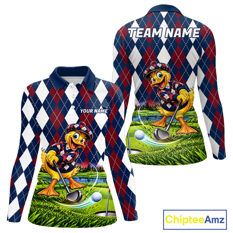 Custom Argyle Duck Women Golf Polo Shirt Funny Duck Golfer Maroon Navy Argyle Golf Jersey Golf Gift NYN4939