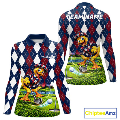 Custom Argyle Duck Women Golf Polo Shirt Funny Duck Golfer Maroon Navy Argyle Golf Jersey Golf Gift NYN4939