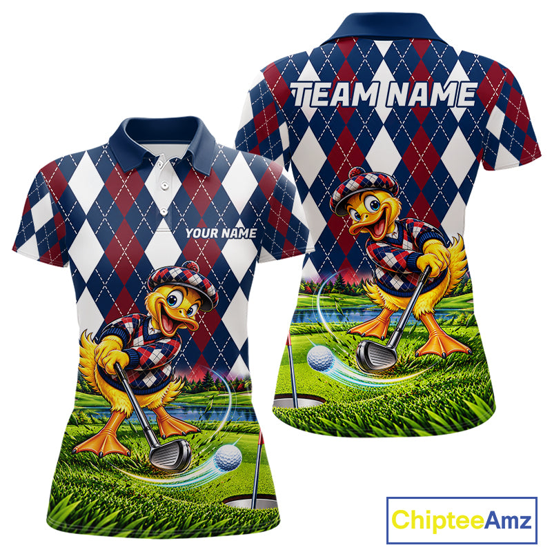 Custom Argyle Duck Women Golf Polo Shirt Funny Duck Golfer Maroon Navy Argyle Golf Jersey Golf Gift NYN4939