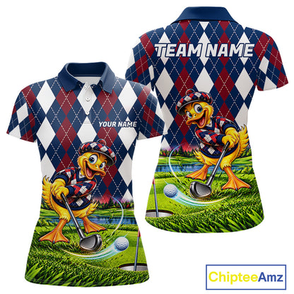 Custom Argyle Duck Women Golf Polo Shirt Funny Duck Golfer Maroon Navy Argyle Golf Jersey Golf Gift NYN4939