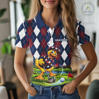 Custom Argyle Duck Women Golf Polo Shirt Funny Duck Golfer Maroon Navy Argyle Golf Jersey Golf Gift NYN4939