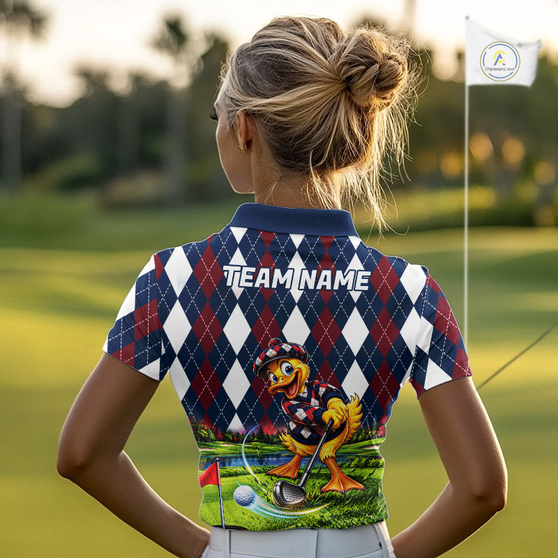 Custom Argyle Duck Women Golf Polo Shirt Funny Duck Golfer Maroon Navy Argyle Golf Jersey Golf Gift NYN4939