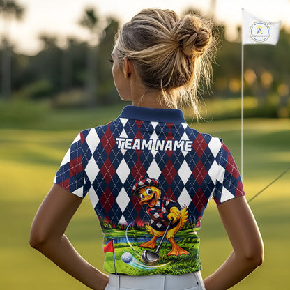 Custom Argyle Duck Women Golf Polo Shirt Funny Duck Golfer Maroon Navy Argyle Golf Jersey Golf Gift NYN4939