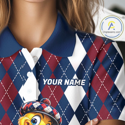 Custom Argyle Duck Women Golf Polo Shirt Funny Duck Golfer Maroon Navy Argyle Golf Jersey Golf Gift NYN4939