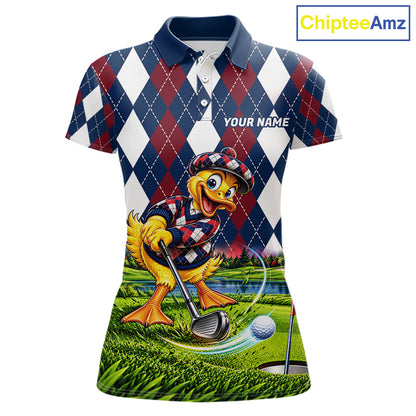 Custom Argyle Duck Women Golf Polo Shirt Funny Duck Golfer Maroon Navy Argyle Golf Jersey Golf Gift NYN4939