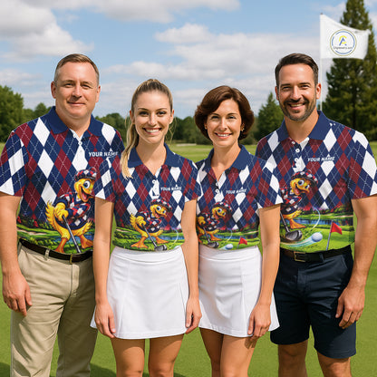 Custom Argyle Duck Men Golf Polo Shirt Funny Duck Golfer Maroon Navy Argyle Golf Jersey Golf Gift NYN4939