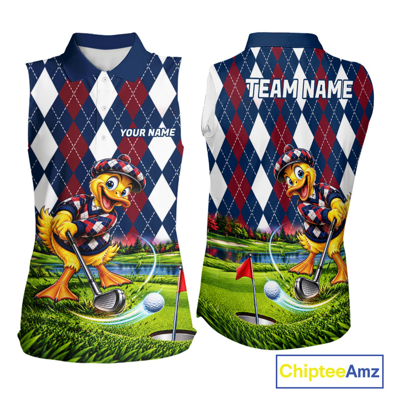 Custom Argyle Duck Women Golf Sleeveless Polo Shirt Funny Duck Golfer Maroon Navy Argyle Golf Jersey Golf Gift NYN4939