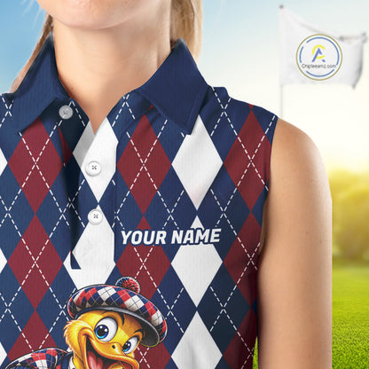 Custom Argyle Duck Women Golf Sleeveless Polo Shirt Funny Duck Golfer Maroon Navy Argyle Golf Jersey Golf Gift NYN4939