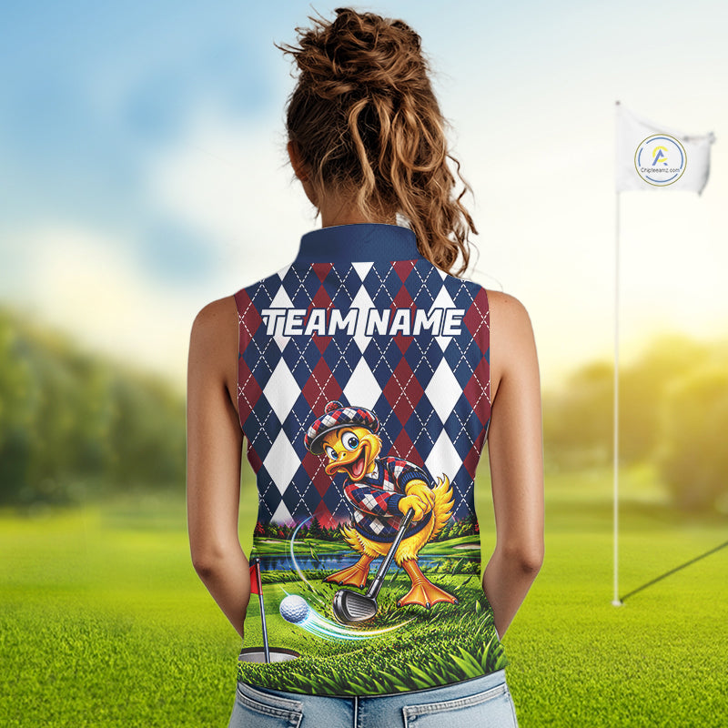 Custom Argyle Duck Women Golf Sleeveless Polo Shirt Funny Duck Golfer Maroon Navy Argyle Golf Jersey Golf Gift NYN4939