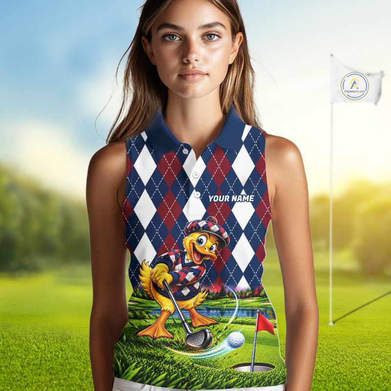 Custom Argyle Duck Women Golf Sleeveless Polo Shirt Funny Duck Golfer Maroon Navy Argyle Golf Jersey Golf Gift NYN4939