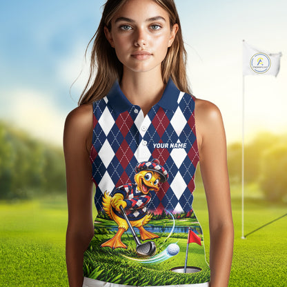 Custom Argyle Duck Women Golf Sleeveless Polo Shirt Funny Duck Golfer Maroon Navy Argyle Golf Jersey Golf Gift NYN4939
