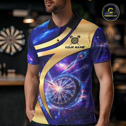Personalized Golden And Purple Galaxy Darts Polo & 1/4 Zip Shirt For Men Darts Clothing Jerseys NYN2892