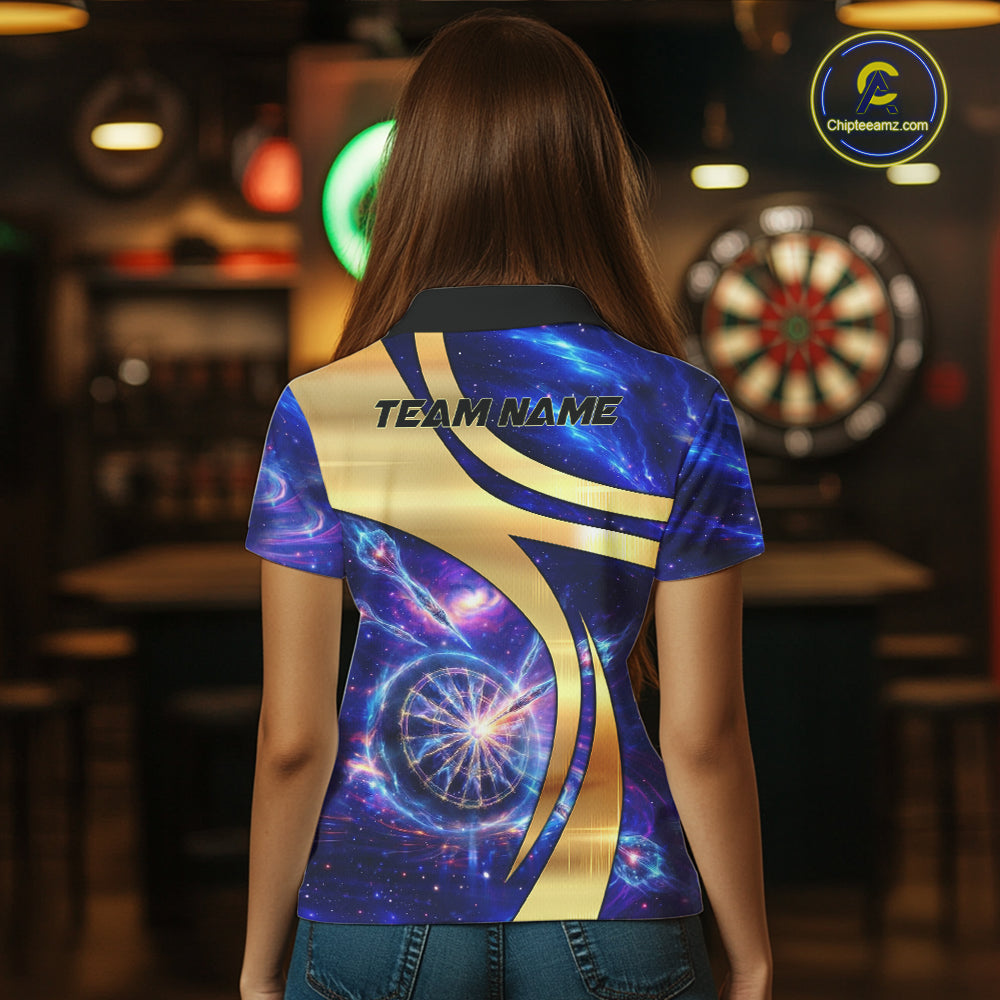 Personalized Golden And Purple Galaxy Darts Polo & 1/4 Zip Shirt For Women Darts Clothing Jerseys NYN2892