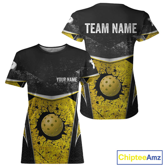 Custom Black And Grunge Yellow Pickleball Shirts For Women, Cracked Pickleball Ball Team Shirt NYN3104
