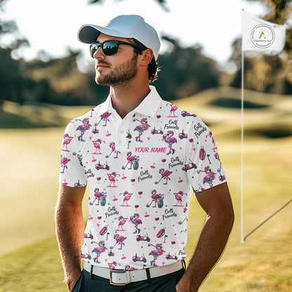 Funny Pink Flamingo Friends White Mens Polo Shirt Custom Flamingo Ladies Golf Outfits NYN3111