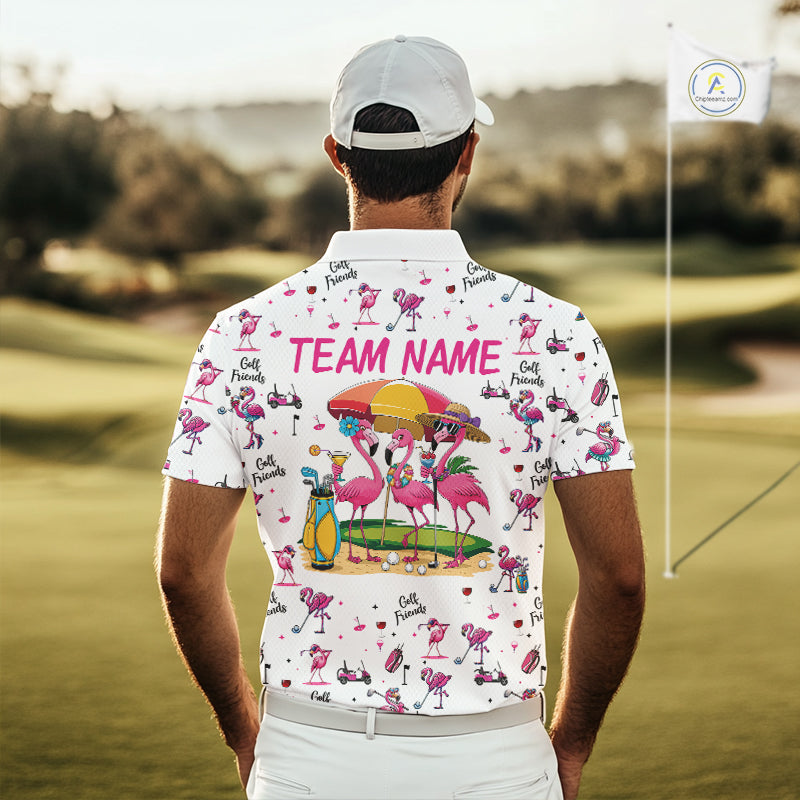 Funny Pink Flamingo Friends White Mens Polo Shirt Custom Flamingo Ladies Golf Outfits NYN3111