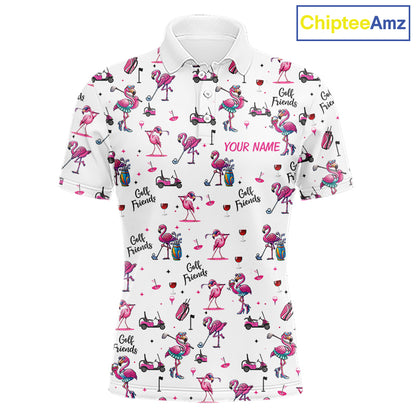 Funny Pink Flamingo Friends White Mens Polo Shirt Custom Flamingo Ladies Golf Outfits NYN3111