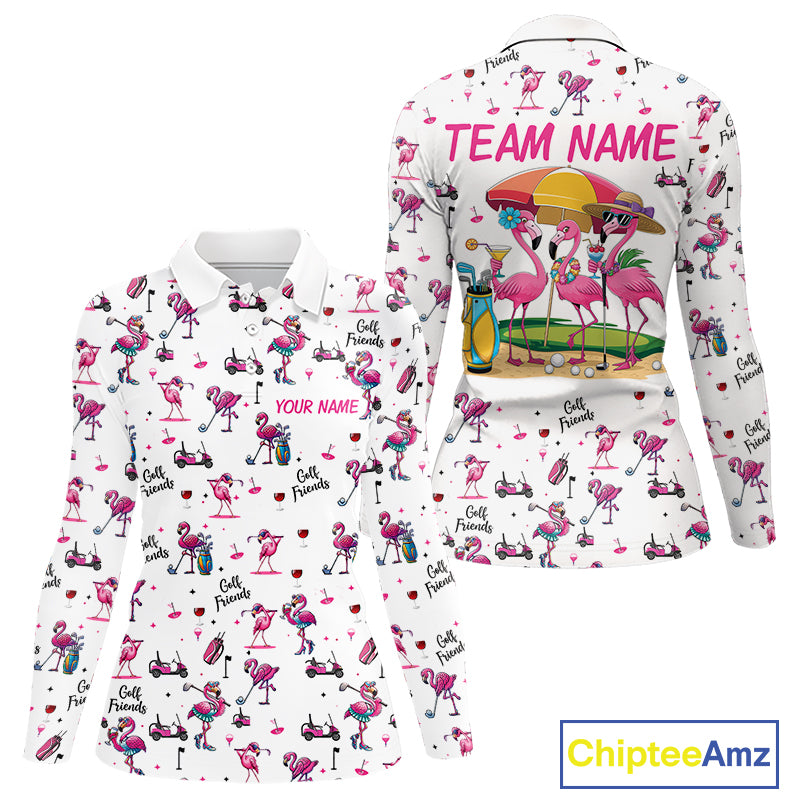 Funny Pink Flamingo Friends White Womens Polo Shirt Custom Flamingo Ladies Golf Outfits NYN3111