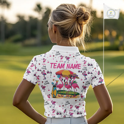 Funny Pink Flamingo Friends White Womens Polo Shirt Custom Flamingo Ladies Golf Outfits NYN3111
