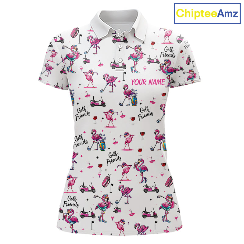 Funny Pink Flamingo Friends White Womens Polo Shirt Custom Flamingo Ladies Golf Outfits NYN3111