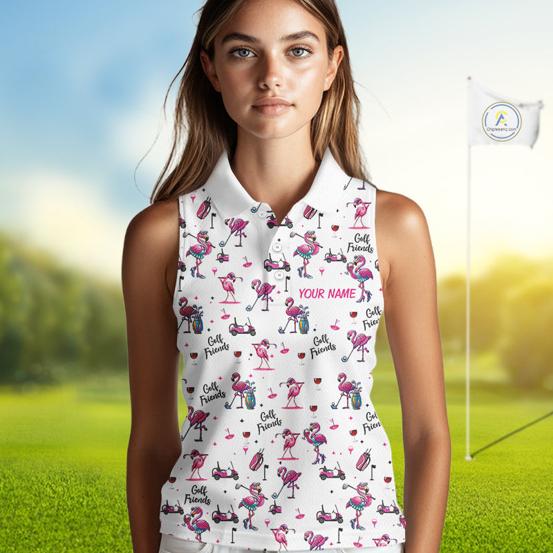 Funny Pink Flamingo Friends White Womens Sleeveless Polo Shirt Custom Flamingo Ladies Golf Outfits NYN3111