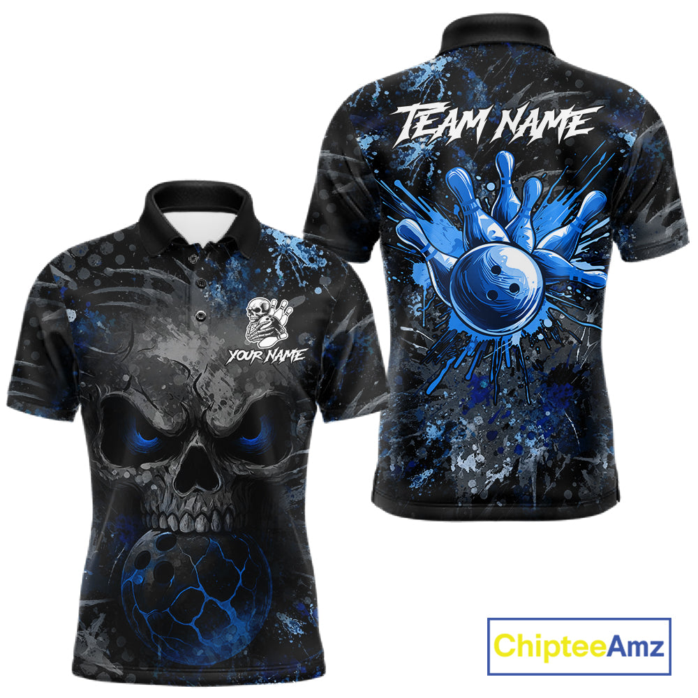 Blue Splatter Skull men's bowling polo shirt, custom bowling team shirt, personalized bowling jersey, bowling league uniform, tournament bowling apparel