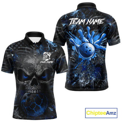 Blue Splatter Skull men's bowling polo shirt, custom bowling team shirt, personalized bowling jersey, bowling league uniform, tournament bowling apparel