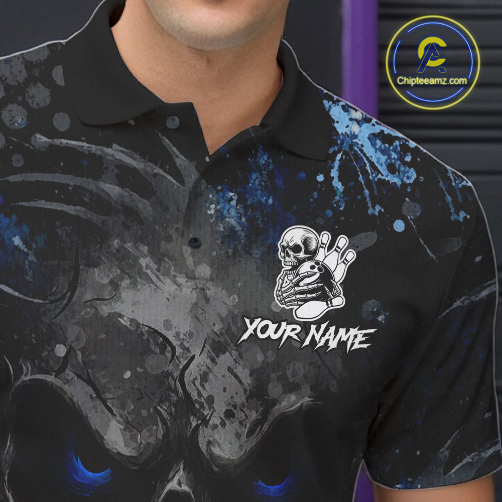 Male bowler wearing Blue Splatter Skull bowling jersey, custom men's bowling shirt, tournament bowling uniform