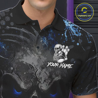 Male bowler wearing Blue Splatter Skull bowling jersey, custom men's bowling shirt, tournament bowling uniform