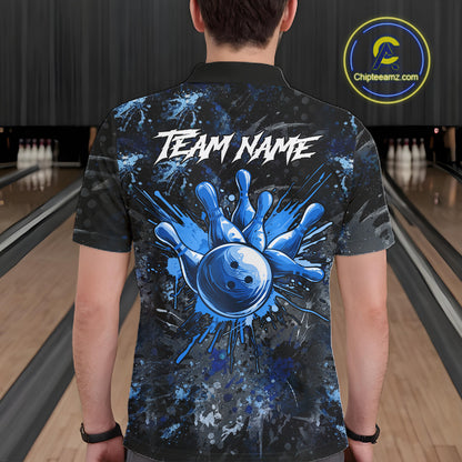 Male bowler wearing Blue Splatter Skull bowling jersey, custom men's bowling shirt, tournament bowling uniform