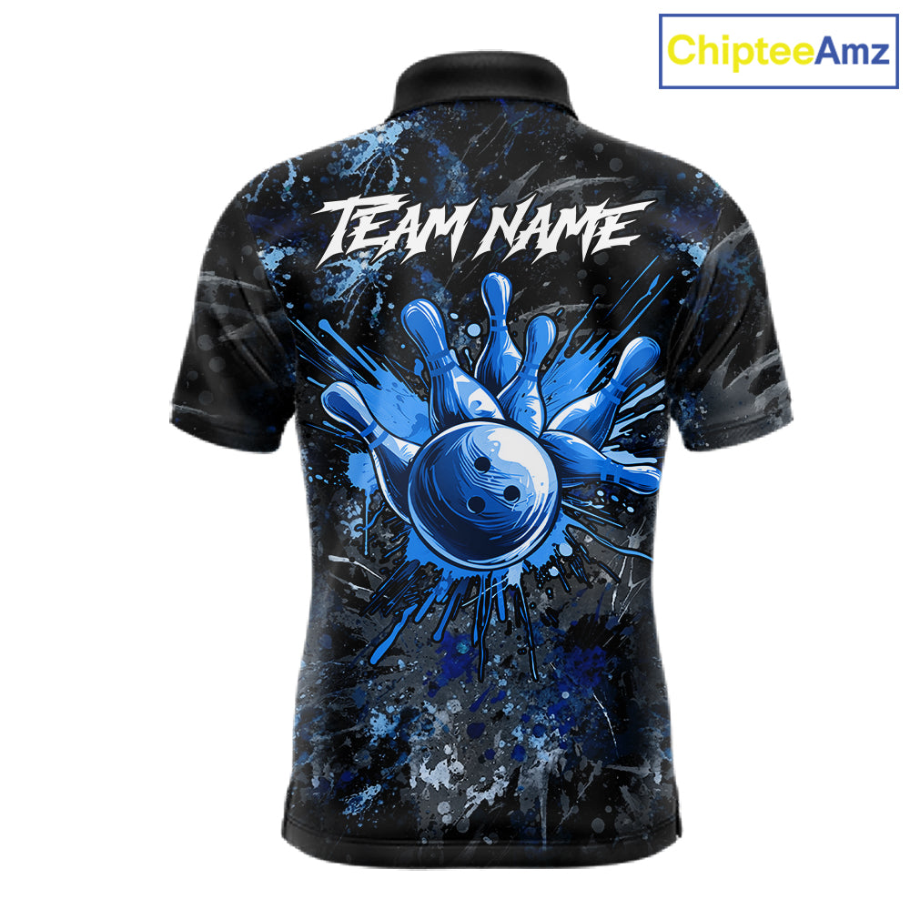 Blue Splatter Skull men's bowling polo shirt, custom bowling team jersey, personalized bowling uniform, league bowling apparel