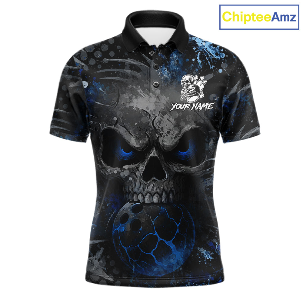 Blue Splatter Skull men's bowling polo shirt, custom bowling team shirt, personalized bowling jersey, bowling league uniform, tournament bowling apparel