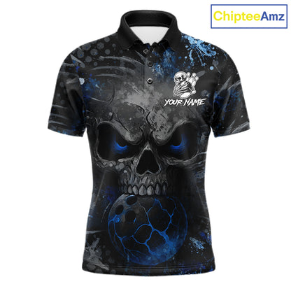 Blue Splatter Skull men's bowling polo shirt, custom bowling team shirt, personalized bowling jersey, bowling league uniform, tournament bowling apparel