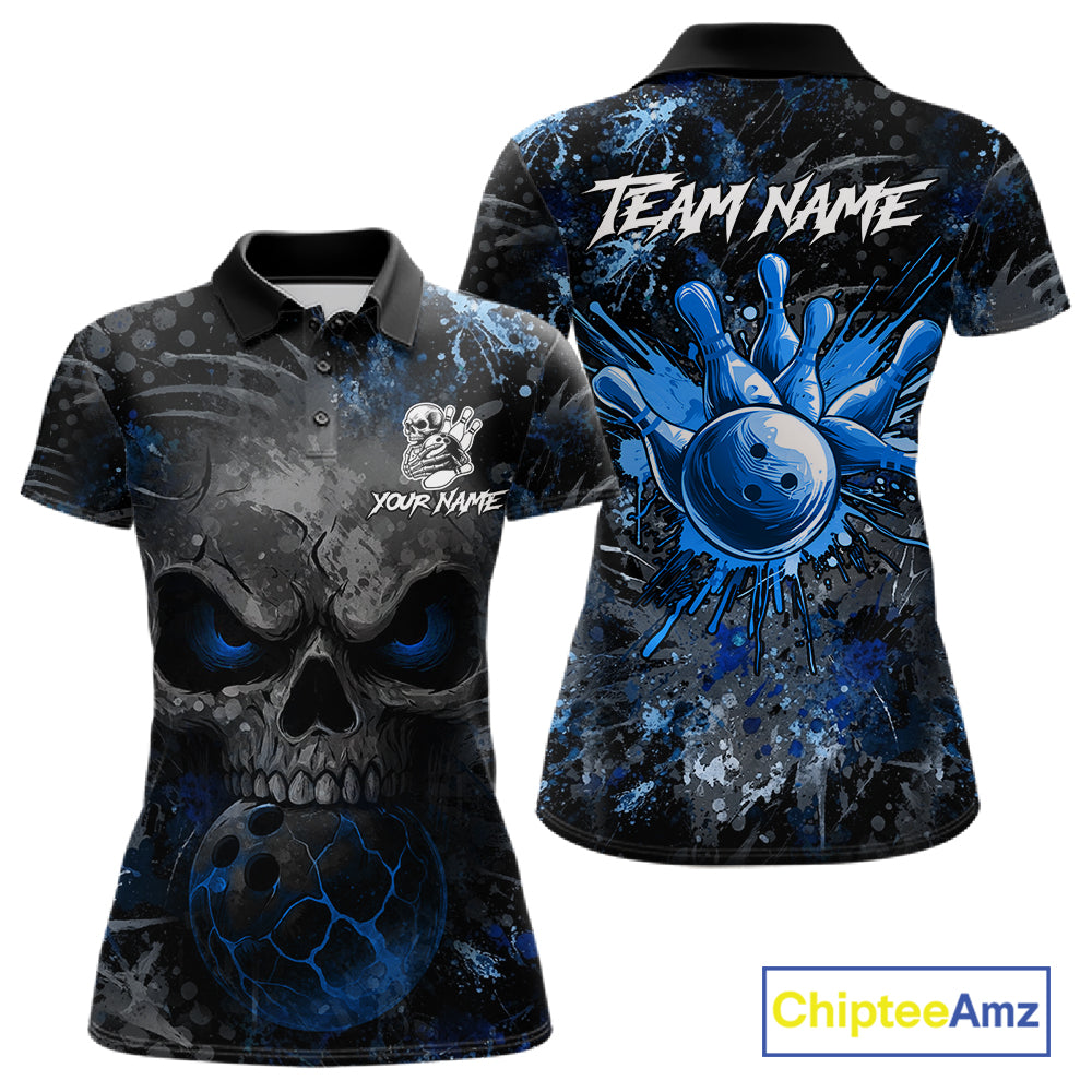 Blue Splatter Skull women's bowling polo shirt, custom bowling team shirt, personalized bowling jersey, bowling league uniform, tournament bowling apparel