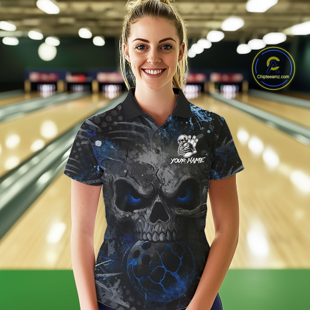 Female bowler wearing Blue Splatter Skull bowling jersey, custom women's bowling shirt, tournament bowling uniform