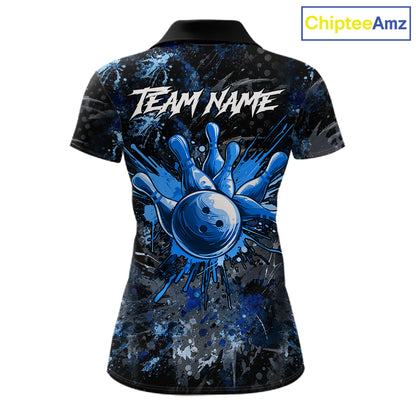Blue Splatter Skull women's bowling polo shirt, custom bowling team shirt, personalized bowling jersey, bowling league uniform, tournament bowling apparel