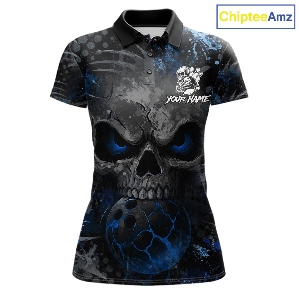 Blue Splatter Skull women's bowling polo shirt, custom bowling team shirt, personalized bowling jersey, bowling league uniform, tournament bowling apparel