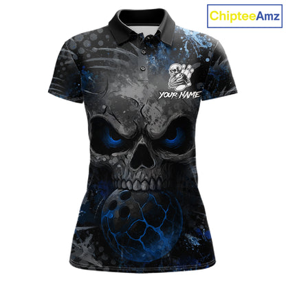 Blue Splatter Skull women's bowling polo shirt, custom bowling team shirt, personalized bowling jersey, bowling league uniform, tournament bowling apparel