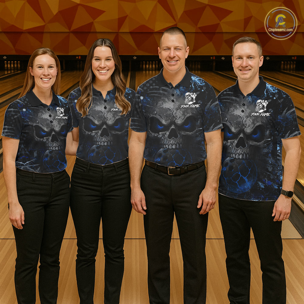Men women bowling team wearing Blue Splatter Skull custom bowling jerseys, personalized bowling league uniform