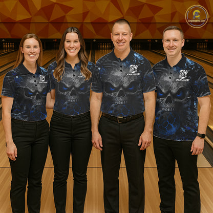 Men women bowling team wearing Blue Splatter Skull custom bowling jerseys, personalized bowling league uniform