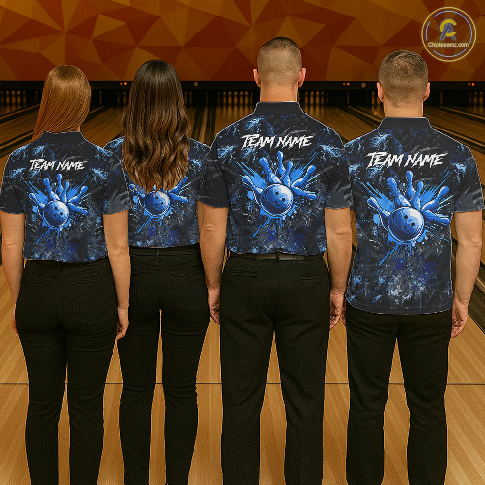 Men women bowling team wearing Blue Splatter Skull custom bowling jerseys, personalized bowling league uniform