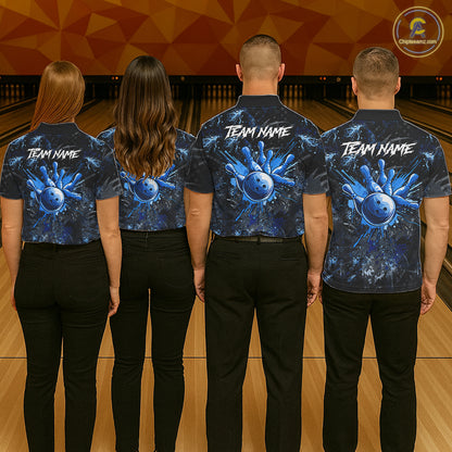 Men women bowling team wearing Blue Splatter Skull custom bowling jerseys, personalized bowling league uniform