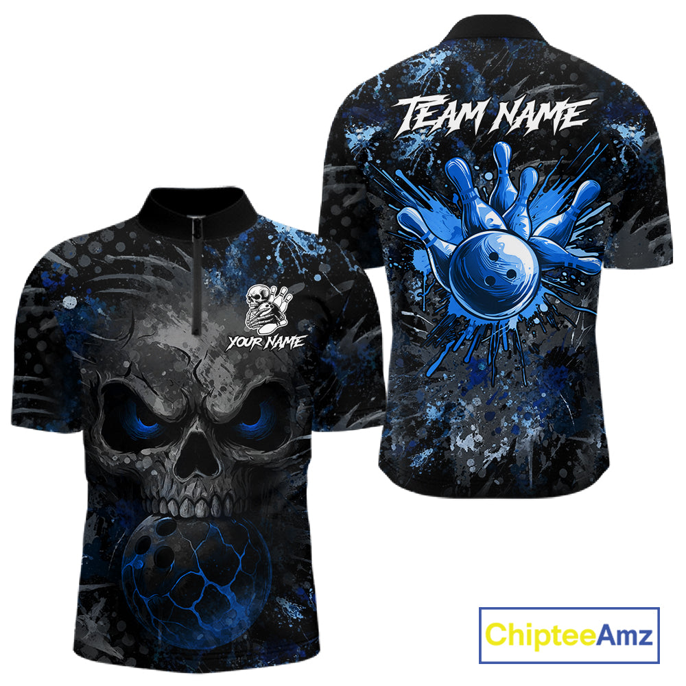 Blue Splatter Skull men's bowling quarter zip shirt, custom bowling team jersey, personalized bowling uniform, league bowling apparel
