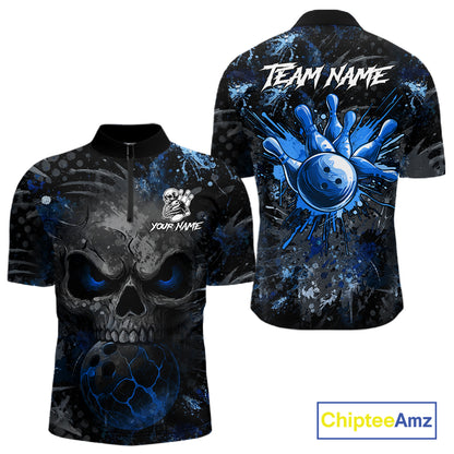 Blue Splatter Skull men's bowling quarter zip shirt, custom bowling team jersey, personalized bowling uniform, league bowling apparel
